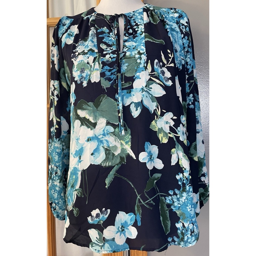 7th Avenue NYC Floral Blouse Sz M Black Blue Front Tie Balloon Sleeves Boho City